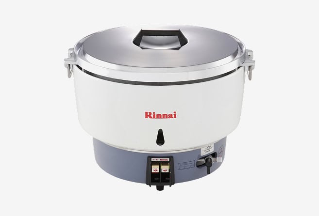 Large white Rinnai commercial cooker/boiler with a metal lid and blue base, front controls visible