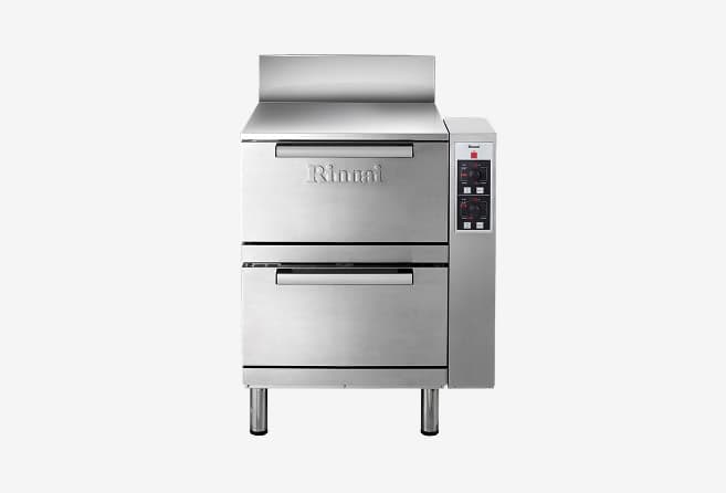Stainless steel Rinnai commercial oven with two stacked compartments and a right-side control panel on legs.