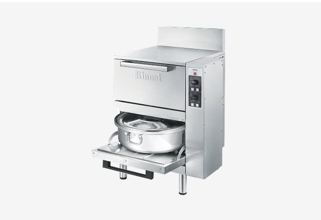 Commercial stainless steel oven with a front-loading door, right-side control panel, and a round baking pan on a pull-out rack
