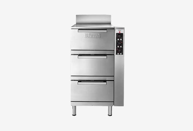 Stainless steel Rinnai commercial multi-deck oven with three pull-out drawers and a vertical control panel on the right.