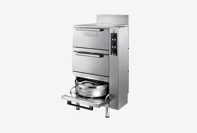 Stainless steel Rinnai commercial multi-deck oven with three pull-out drawers and a vertical control panel on the right.