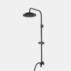 Black shower column with a round rainfall head and a handheld sprayer on a vertical bar.