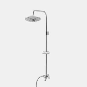 Chrome shower system with a large round rainfall head on a curved arm, a vertical adjustable bar, and a lower handheld spray on the mount.