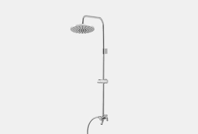 Chrome shower system with a large round rainfall head on a curved arm, a vertical adjustable bar, and a lower handheld spray on the mount.