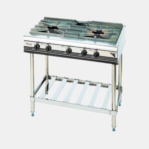 Commercial gas range with four burners on a stainless steel stand and lower shelf, suitable for professional kitchens.
