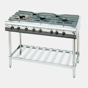 Stainless steel commercial gas range with six burners and a lower rack, standing on legs on a white background