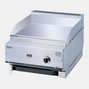 Stainless steel gas grill with a wide front-facing control knob and vented hood.