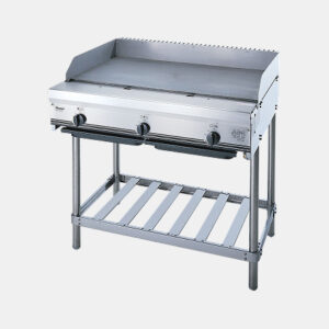 Stainless steel three-burner gas grill with a raised lid and a lower slatted shelf on metal legs