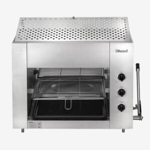 Stainless steel countertop toaster oven with perforated top vent and interior rack, plus a side rotisserie crank for turning food.