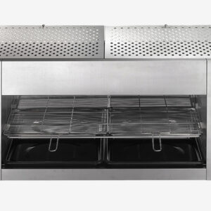 Stainless steel two‑rack toaster oven with side control knobs and pull‑out crumb trays.