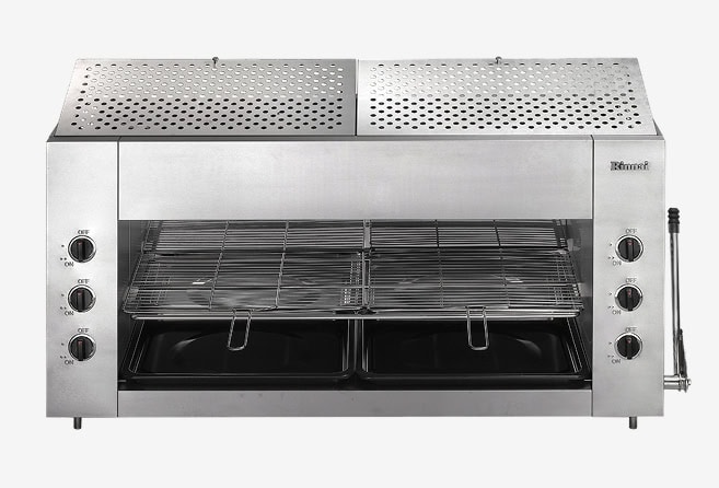Stainless steel two‑rack toaster oven with side control knobs and pull‑out crumb trays.