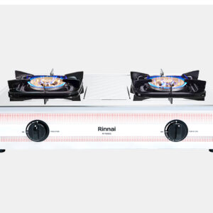 Two-burner portable gas stove with a stainless top, black control knobs, and the Rinnai branding on a white body.