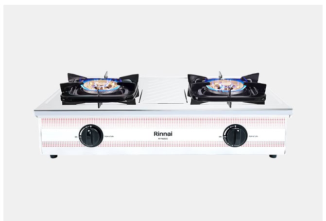 Two-burner portable gas stove with a stainless top, black control knobs, and the Rinnai branding on a white body.