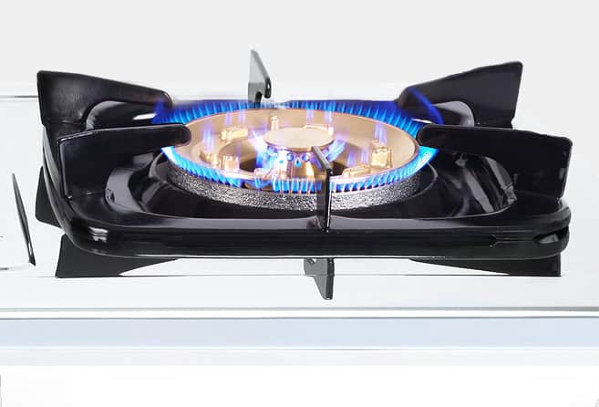 Two-burner portable gas stove with a stainless top, black control knobs, and the Rinnai branding on a white body.