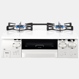 White gas range with two burners on a glossy white cooktop and a small oven drawer in the middle; side control panels visible.