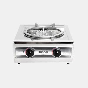 Stainless steel single-burner gas stove with two control knobs on a front panel (Rinnai branding).