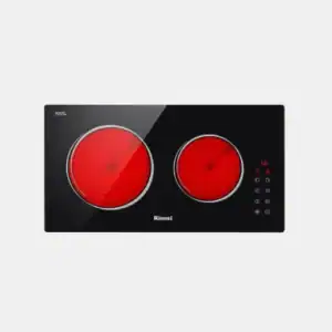 Black double-burner cooktop with two red-glowing circular heating elements (Rinnai).