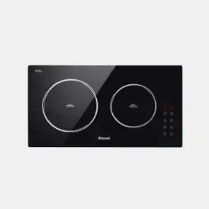 Black dual induction cooktop with two circular heating zones and a right-side control panel.