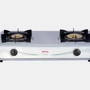 Two-burner gas stove with front knobs and a silver body, branded Rinnai, suitable for countertop cooking.