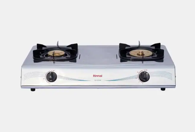 Two-burner gas stove with front knobs and a silver body, branded Rinnai, suitable for countertop cooking.