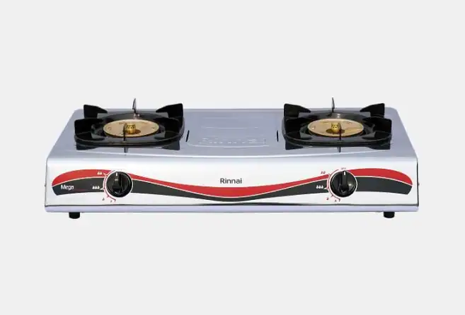 Rinnai two-burner gas cooktop with brass burners and black grates on a silver body.