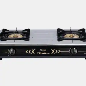 Two-burner stainless steel gas stove with a black front panel and brass burner heads on a countertop surface