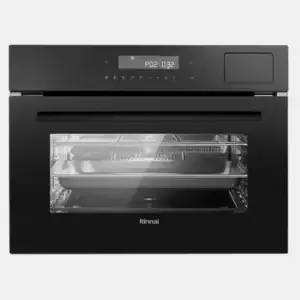 Black built-in oven with a glass door and a digital control panel displaying 02:32; interior racks and tray visible, brand name Rinnai on the front.