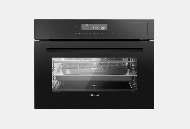 Black built-in oven with a glass door and a digital control panel displaying 02:32; interior racks and tray visible, brand name Rinnai on the front.
