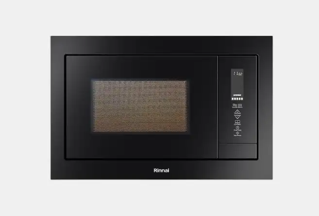 Built-in black microwave oven with a digital control panel on the right and a windowed door, branded Rinnai