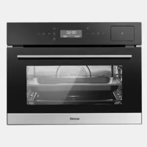 Built-in black oven with glass door, metal handle, and digital display; Rinnai logo on the lower trim.