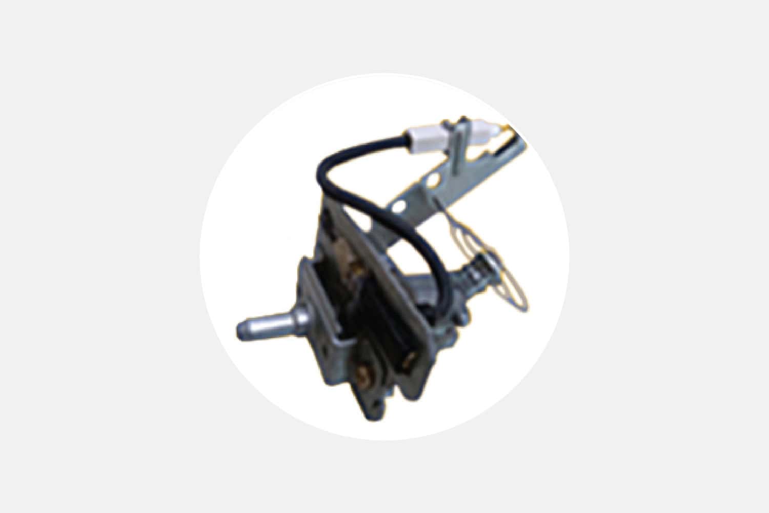 Metal control assembly with a cylindrical shaft protruding left and a black cable loop, likely a throttle or linkage mechanism.