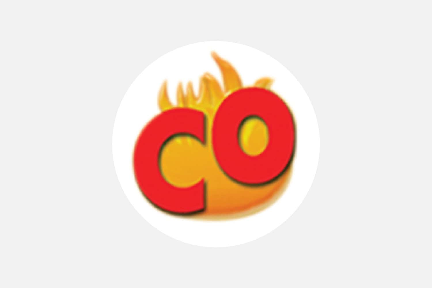 Circle white badge featuring a red 'CO' letters layered over an orange-yellow flame motif, forming a bold logo.
