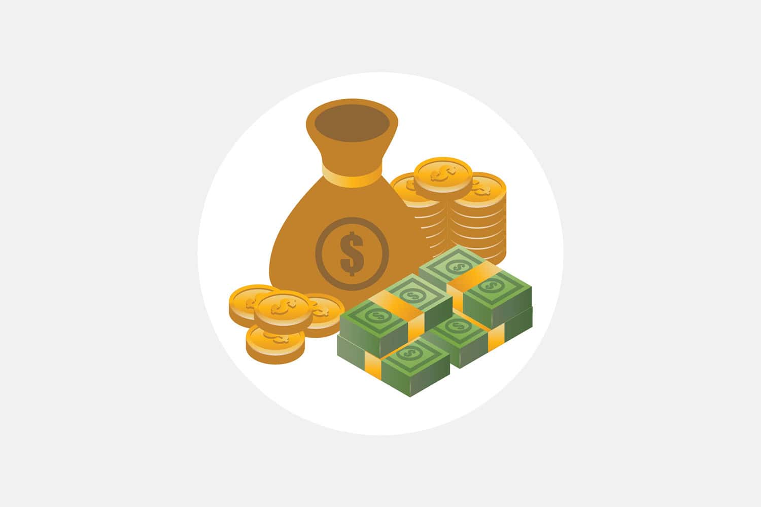 Brown money bag with dollar sign, surrounded by gold coins and stacks of cash.