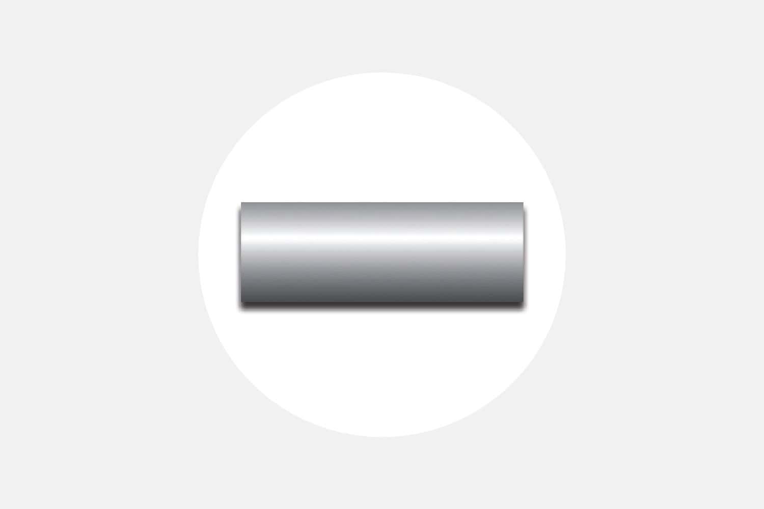 Centered metallic silver pill-shaped button on a white circular badge against a light gray background, used as a UI control.