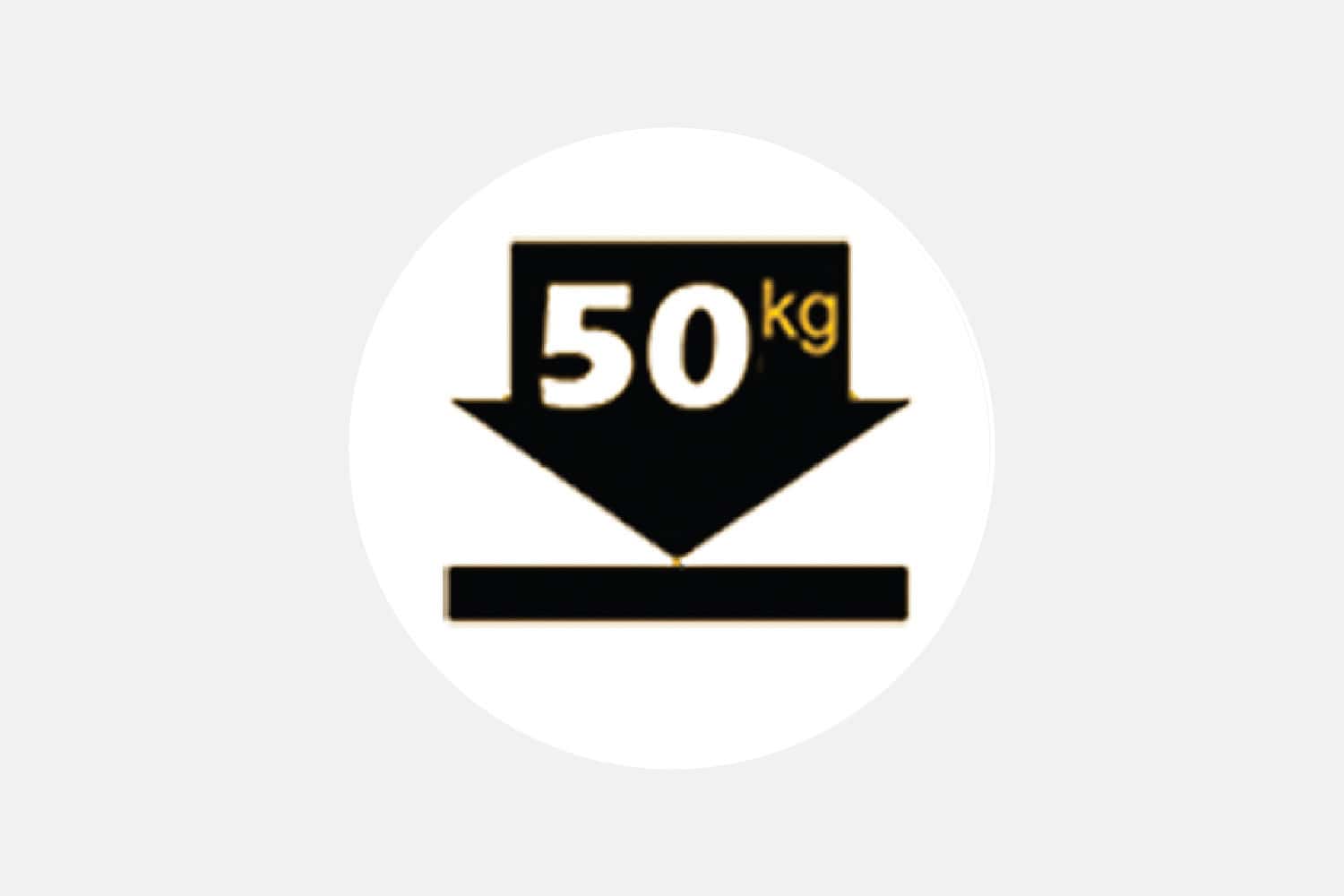 Symbol with a downward-pointing triangle and '50 kg' above a horizontal bar, indicating a 50 kg load rating